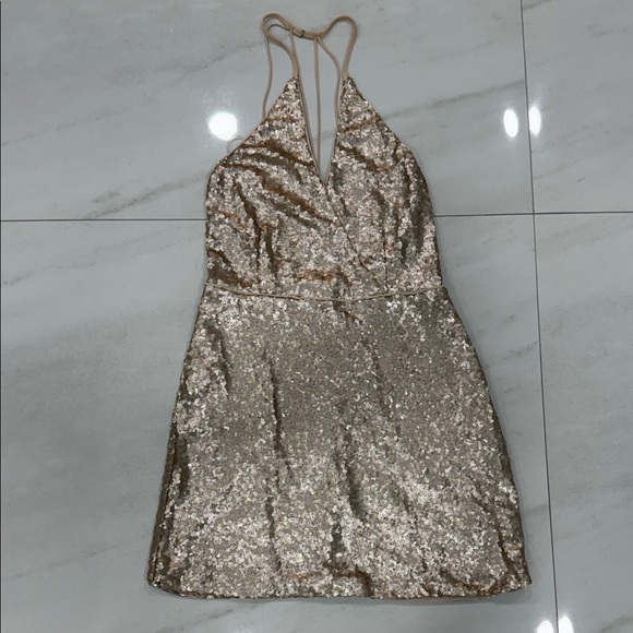 Maddy K Dresses & Skirts - Gold Sequin Mini Dress with Spaghetti Straps